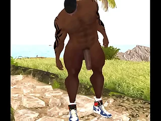 African American football player Duane Brown stretches and urinates outdoors prior to his early morning workout